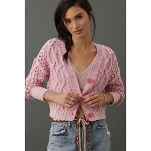 Anthropologie Pilcro Sweater Womens medium Pink Cropped Cable-Knit Cardigan